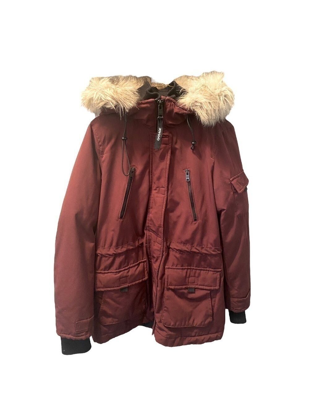 Garage Burgundy Parka Fur Trim Hood Size Small